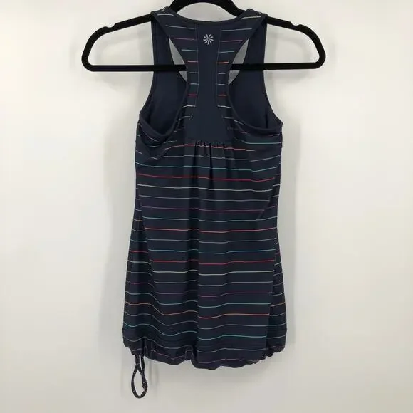 Athleta Navy Blue Multicolor Stripe Ties Racerback Built In Bra Tinker Tank Top - Picture 3 of 10